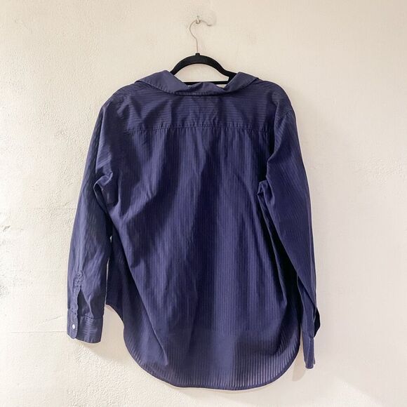 Frank & Eileen Eileen Poplin Sheer Button Down Blouse in Navy Stripe Medium - Picture 3 of 6